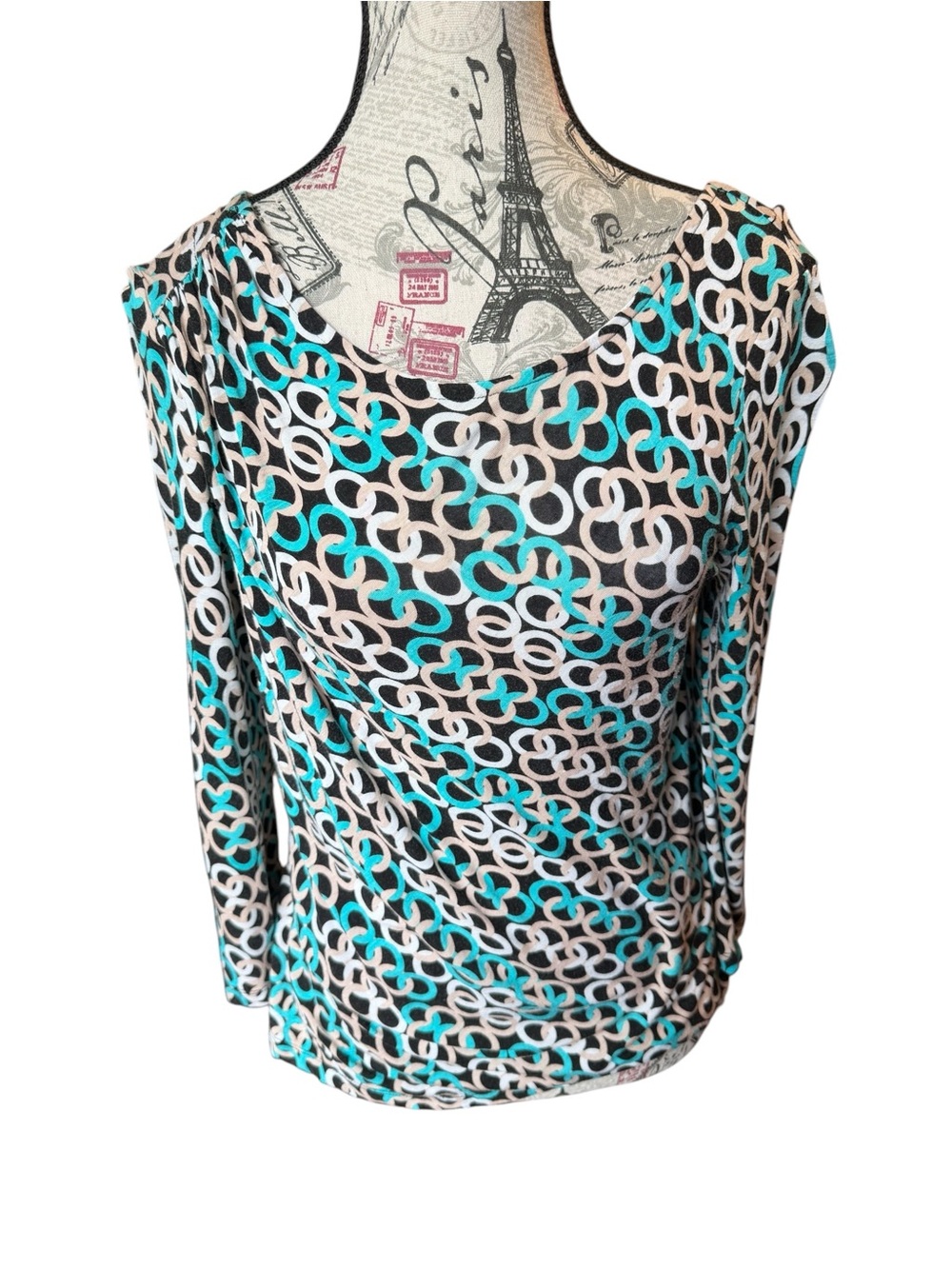 Dana Buchman Black, White & Teal Interlocking Ring Long Sleeve Top